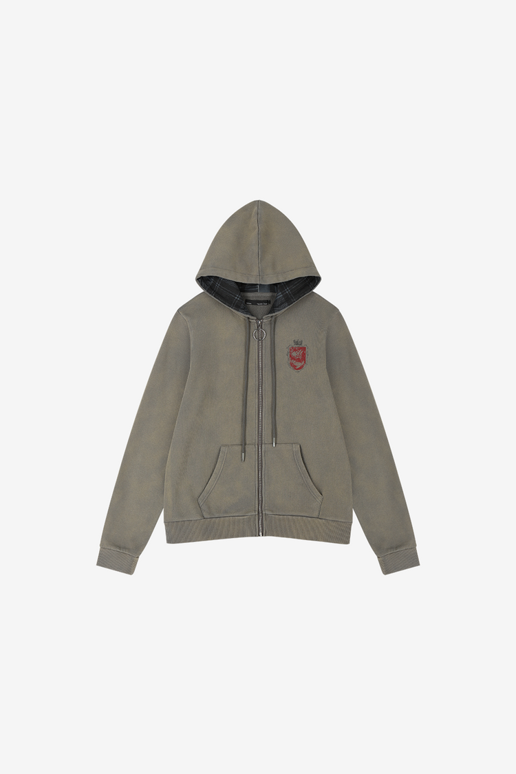 Grey Crest Slim Zip Hoodie laid flat, front view with red crest on the chest