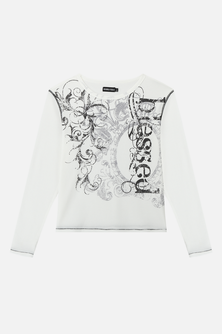 White Blessed Thermal Long Sleeve laid flat with black filigree graphic and contrast stitching