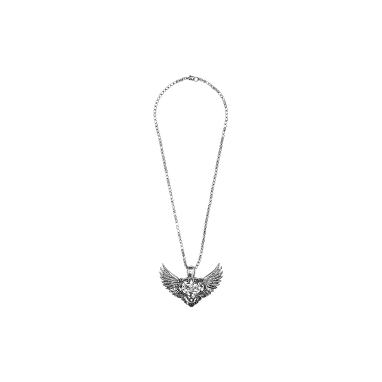 Silver Wings Necklace with winged heart pendant on a box chain