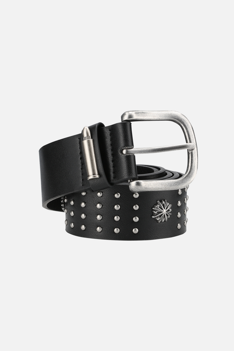 Black leather Studded Centerpiece Belt coiled, with silver studs, bullet tip and buckle