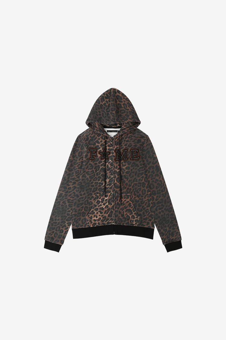 FAME Slim Zip Hoodie laid flat, brown leopard print with FAME lettering and black ribbed trim