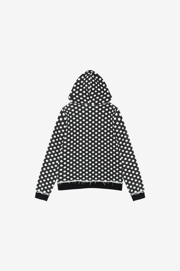 Back view of the Black Polka Dot Slim Zip Hoodie laid flat showing allover white dots
