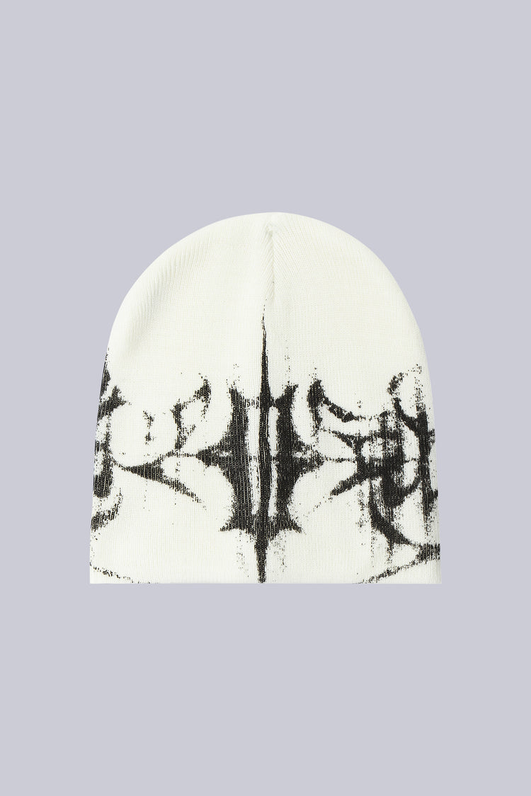White Glitch Logo Beanie on its own, with black distorted gothic logo knit
