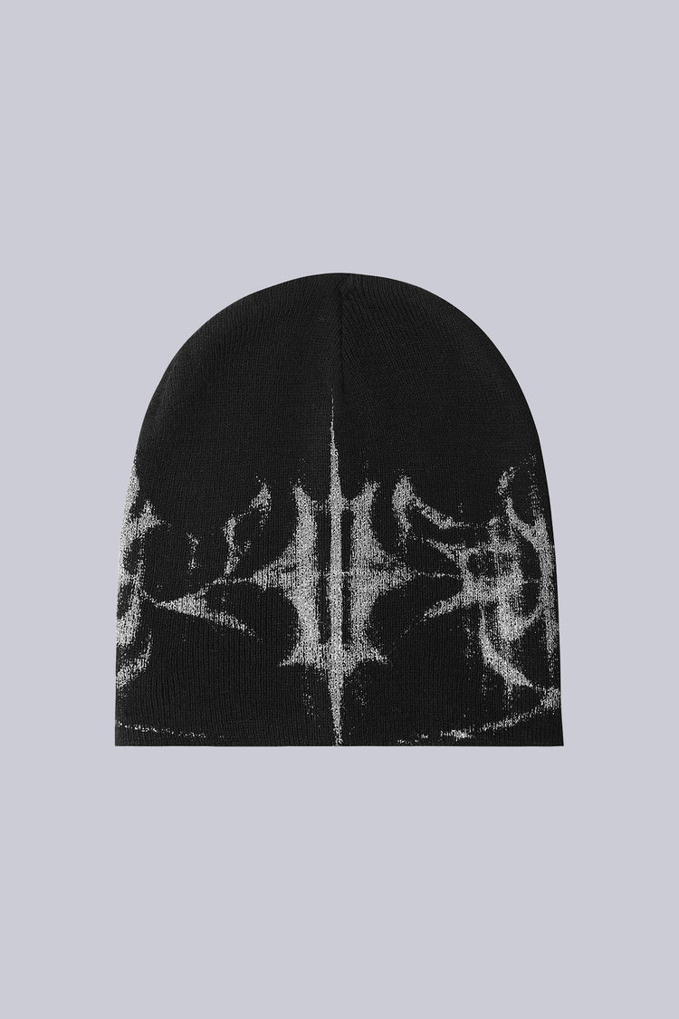 Black Glitch Logo Beanie on its own, showing the grey jacquard glitch logo pattern