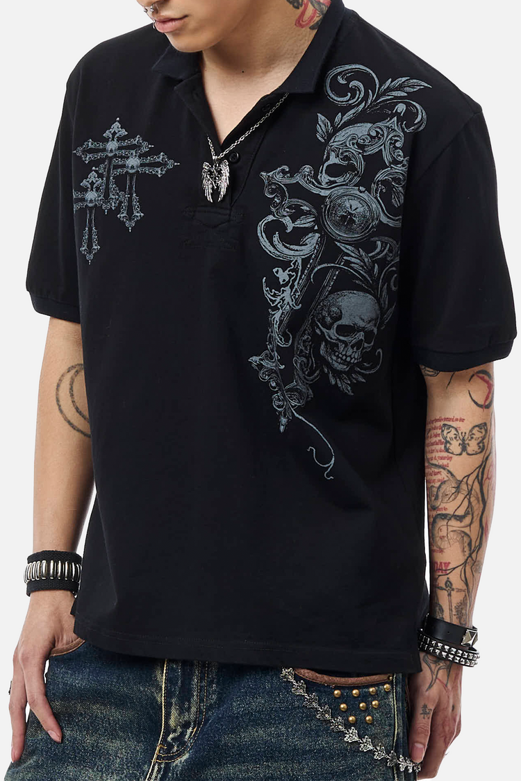 Close-up of the Skull Garden Polo showing the skull and filigree print on the chest