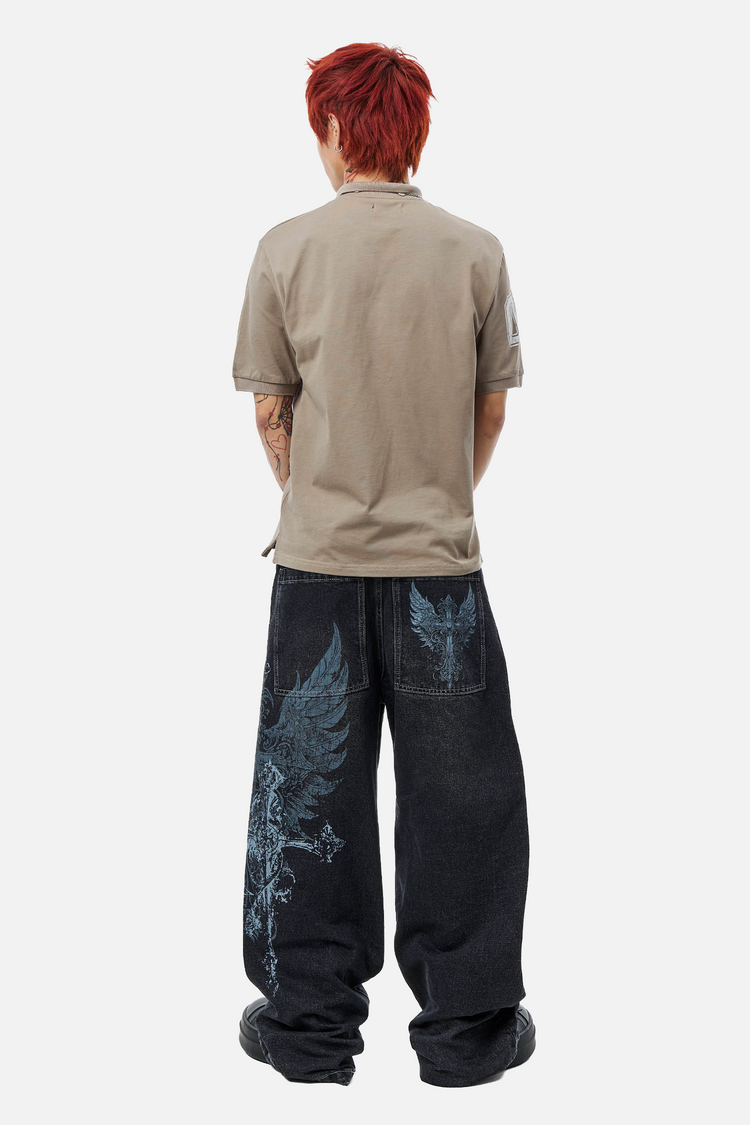 Full-length back view of the Winged Outlaw Denim showing the wing print