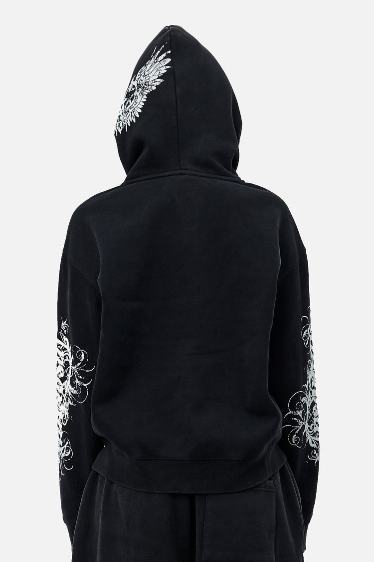 Back view of the Eternal Zip Hoodie with hood up, showing sleeve and hood graphics