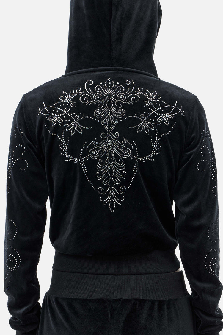 Back view of the Velour Flutter Hoodie on model, showing large rhinestone ornament across shoulders