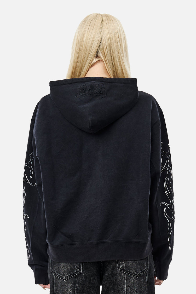 Back view of the black Sigil Rhinestone Zip Hoodie with rhinestone sleeve designs