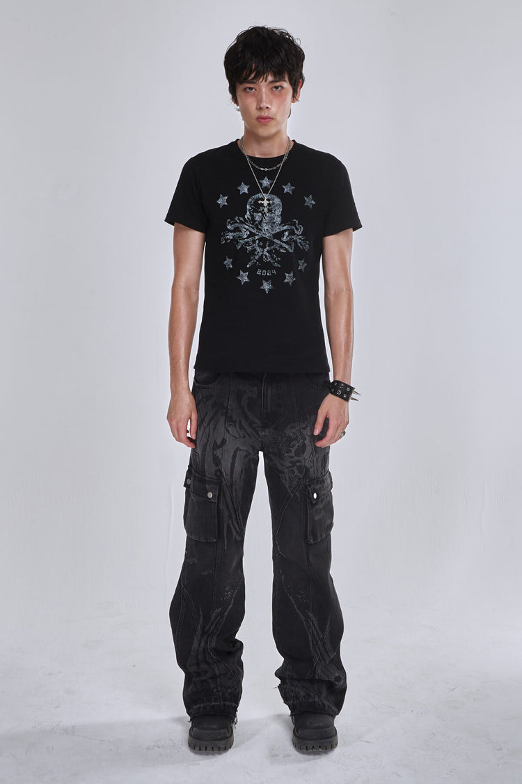 Full-length front view of the Destroyer Denim with a black skull graphic tee
