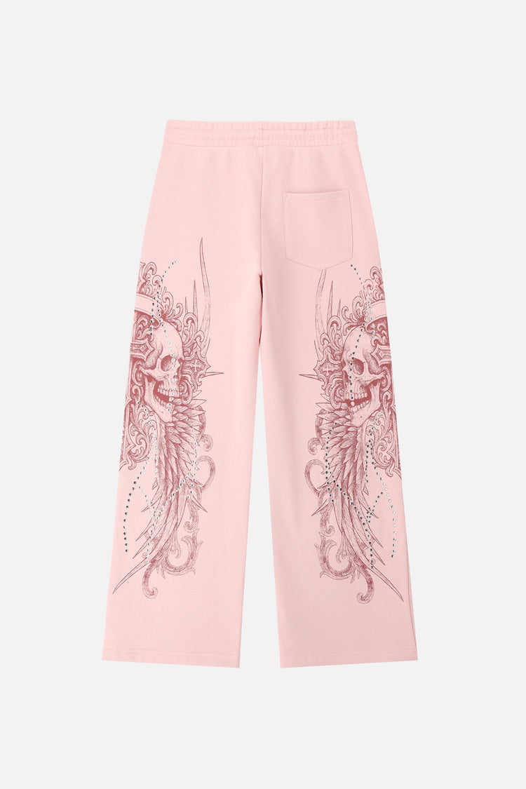 Back of the pink Bonnie Sweatpants laid flat, with printed legs and back pocket