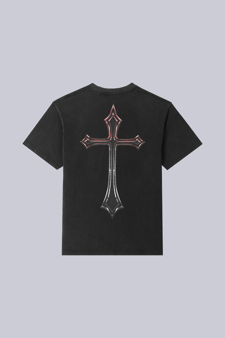 Back of the washed black Cross Tee laid flat, with large red and chrome cross