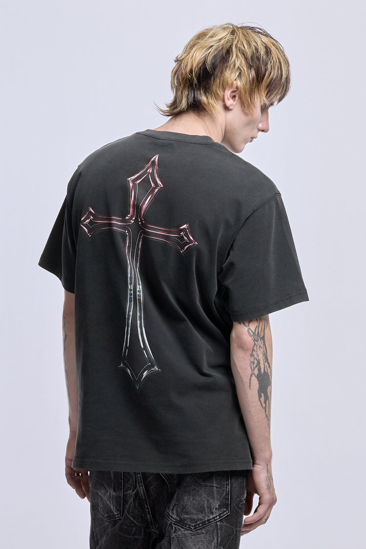 Three-quarter back view of the Cross Tee showing the red and chrome cross graphic
