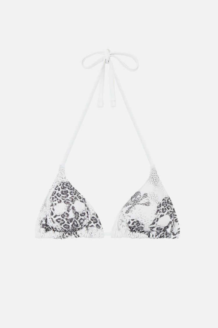 White Cheetah Skull Bikini Top laid flat, showing leopard-pattern skull and crossbones print