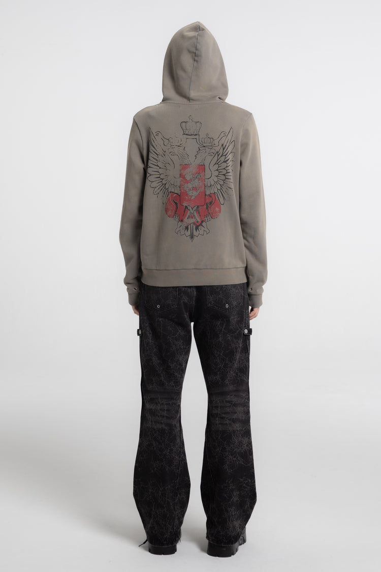 Full-length back view of the grey Crest Slim Zip Hoodie with winged crest print