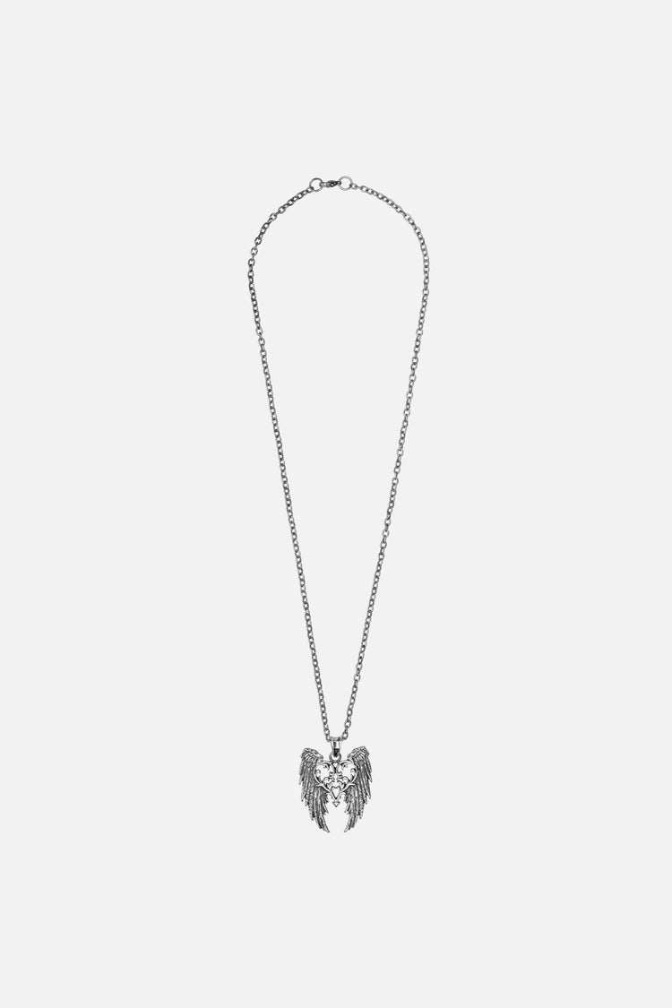 Heart Motif Necklace laid out on grey, silver chain and winged heart pendant