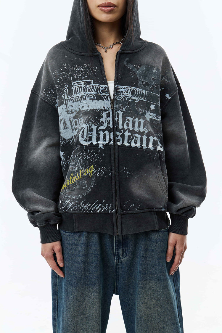 Front close-up of the Upstairs Zip Hoodie with The Man Upstairs print, worn with blue jeans
