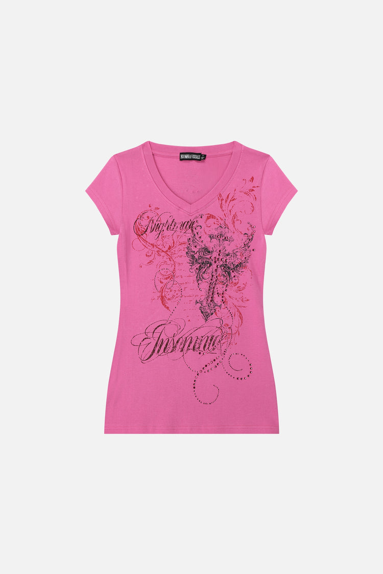 Pink Lovers V-Neck T-Shirt laid flat with red flourishes, black cross and Insomnia script