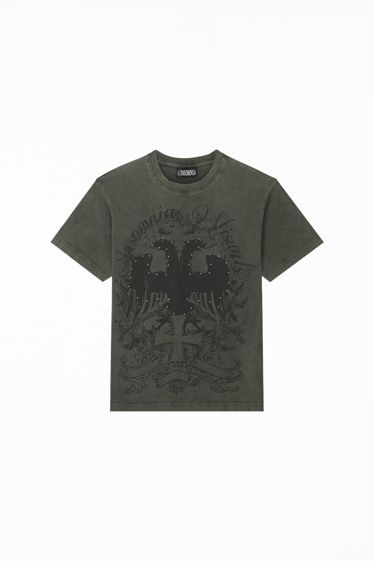 Front of the washed olive Studded Wings Tee laid flat, with black eagle graphic