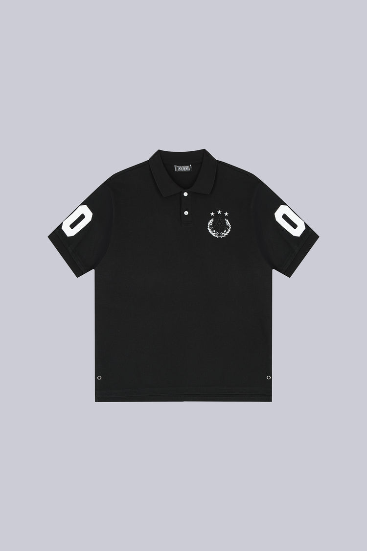 Black Prestige Polo laid flat, front view, with laurel crest and 00 sleeve numbers