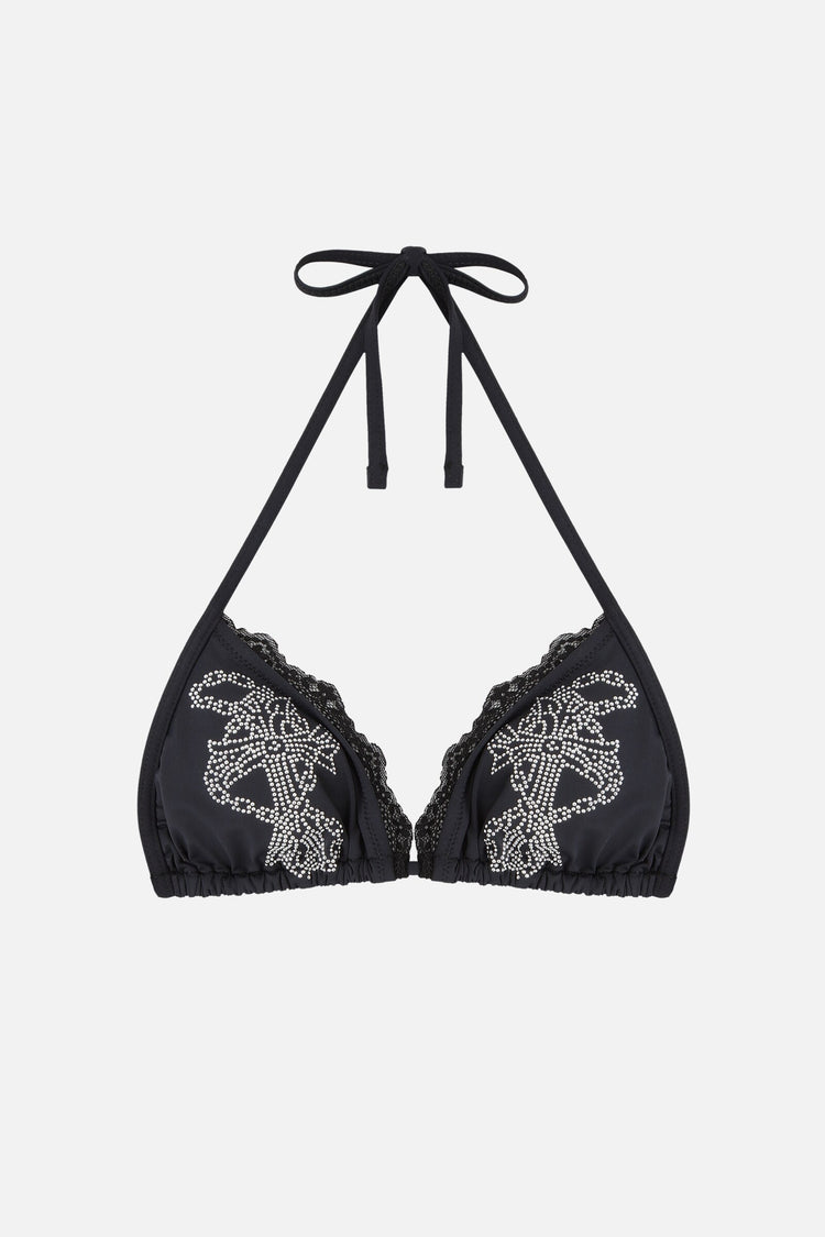 Black Rosary Rhinestone Bikini Top on its own, with rhinestone crosses and lace trim