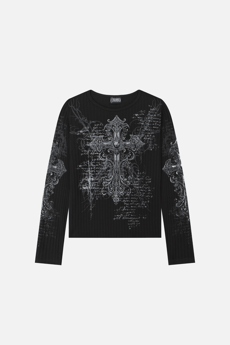 Black Scripture Ribbed Long Sleeve laid flat with silver-grey cross and handwritten script