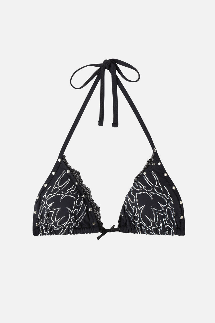 Black Sigil Rhinestone Bikini Top on its own, with white sigil design, studs and bow