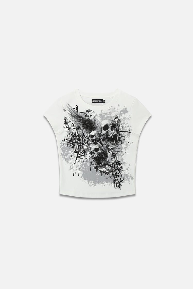 White Skulls Tee laid flat, with black and grey winged skulls and cross print