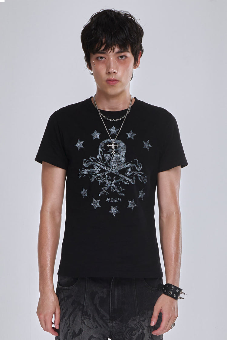 Model wearing the black Prestige Tee with grey star and skull print, front view