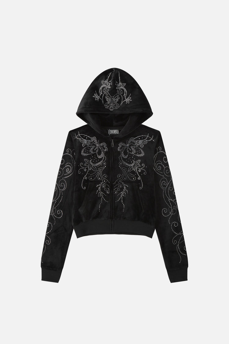 Front of the black Velour Flutter Hoodie laid flat with rhinestone butterfly and scroll design
