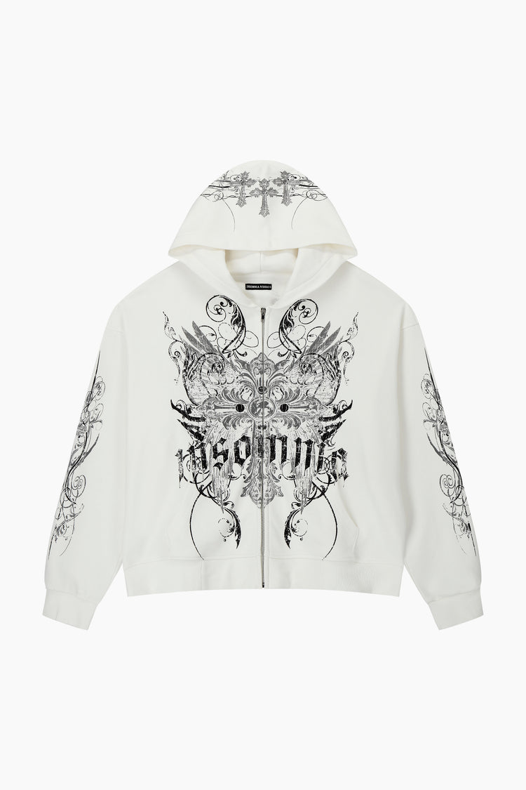 Front of the White Crux Hoodie laid flat, showing black gothic logo and sleeve prints
