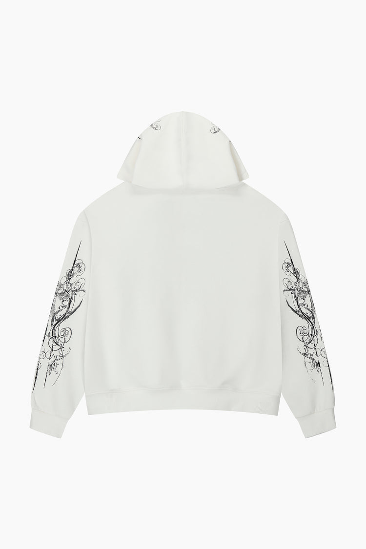 Back of the White Crux Hoodie laid flat with tribal prints on the sleeves and hood