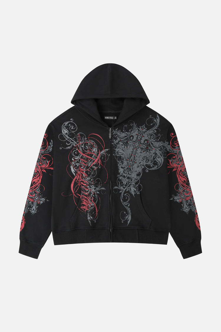 Front of the Black Scripture Eclipse Zip Up Hoodie laid flat, with red and grey scroll prints