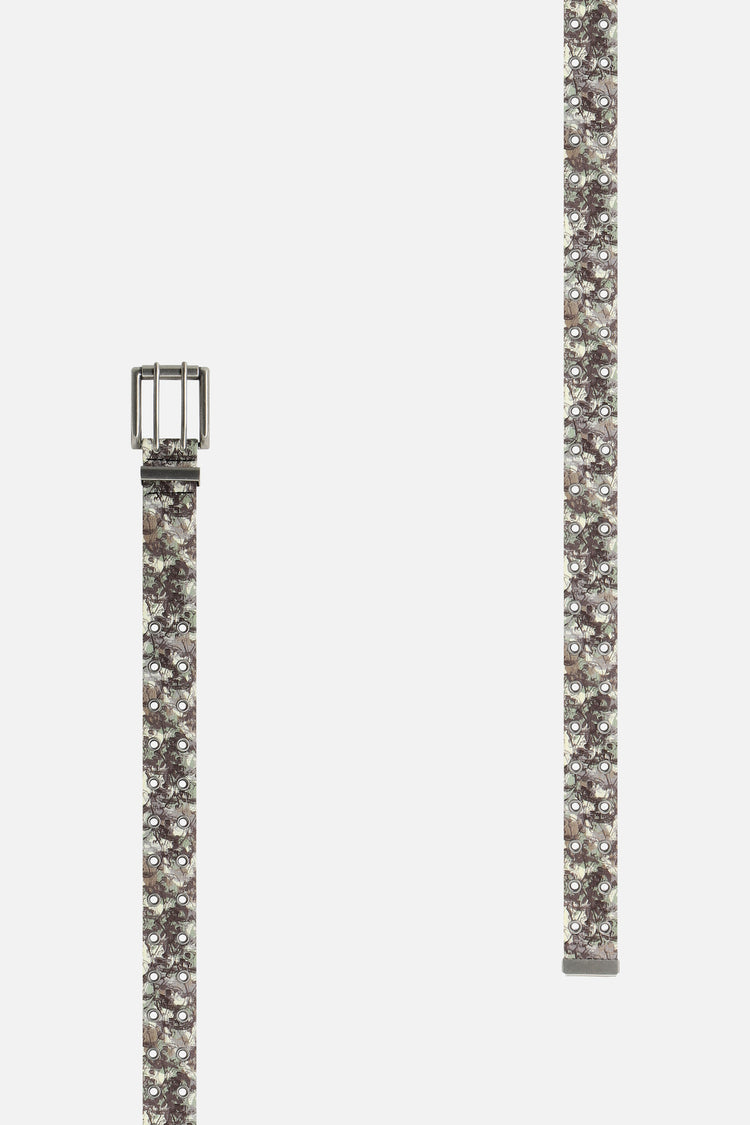Full length of the Camo Skull Belt laid out straight, showing skull camo pattern and silver buckle