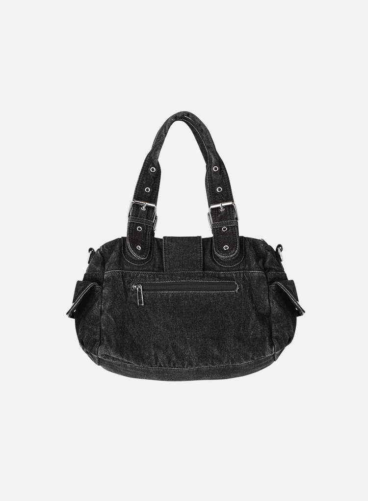 Back of the Cross Denim Shoulder Bag in washed black denim with zip pocket