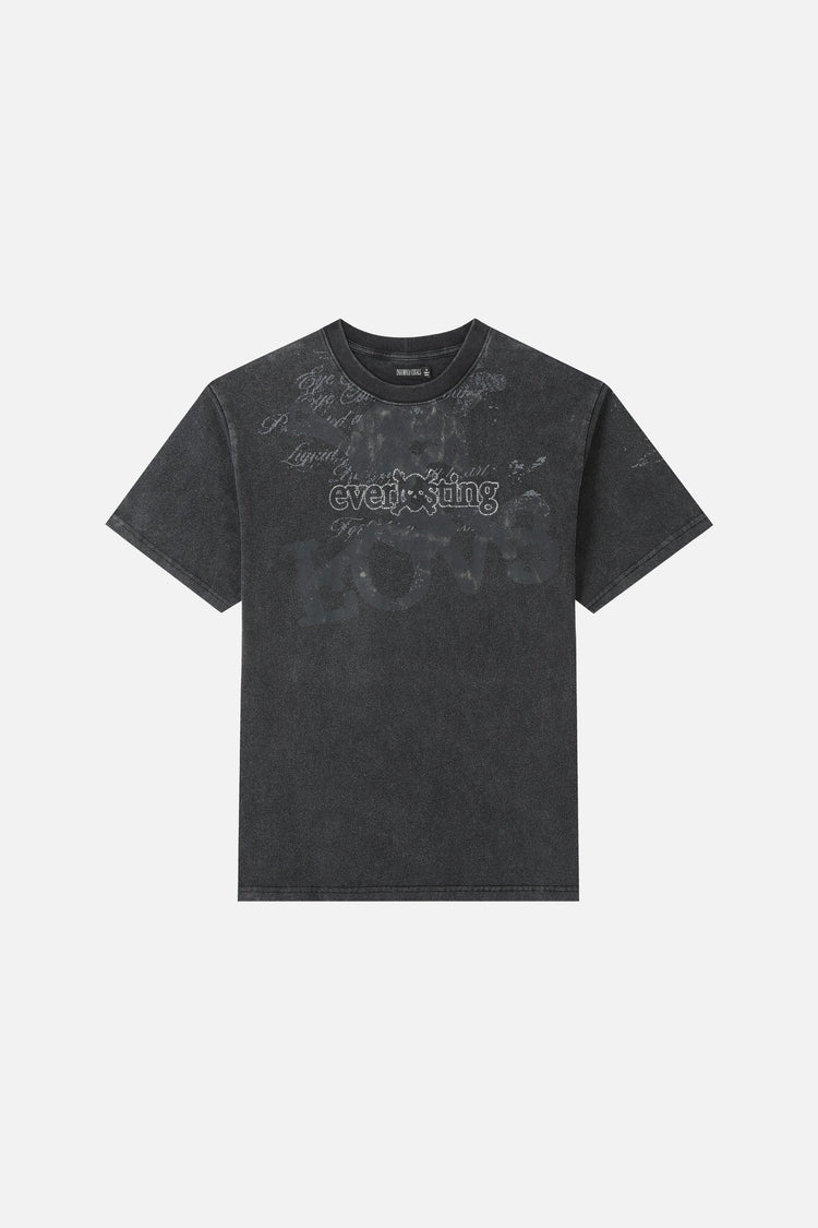 Front of the washed black Everlasting Rhinestone Tee laid flat with rhinestone logo