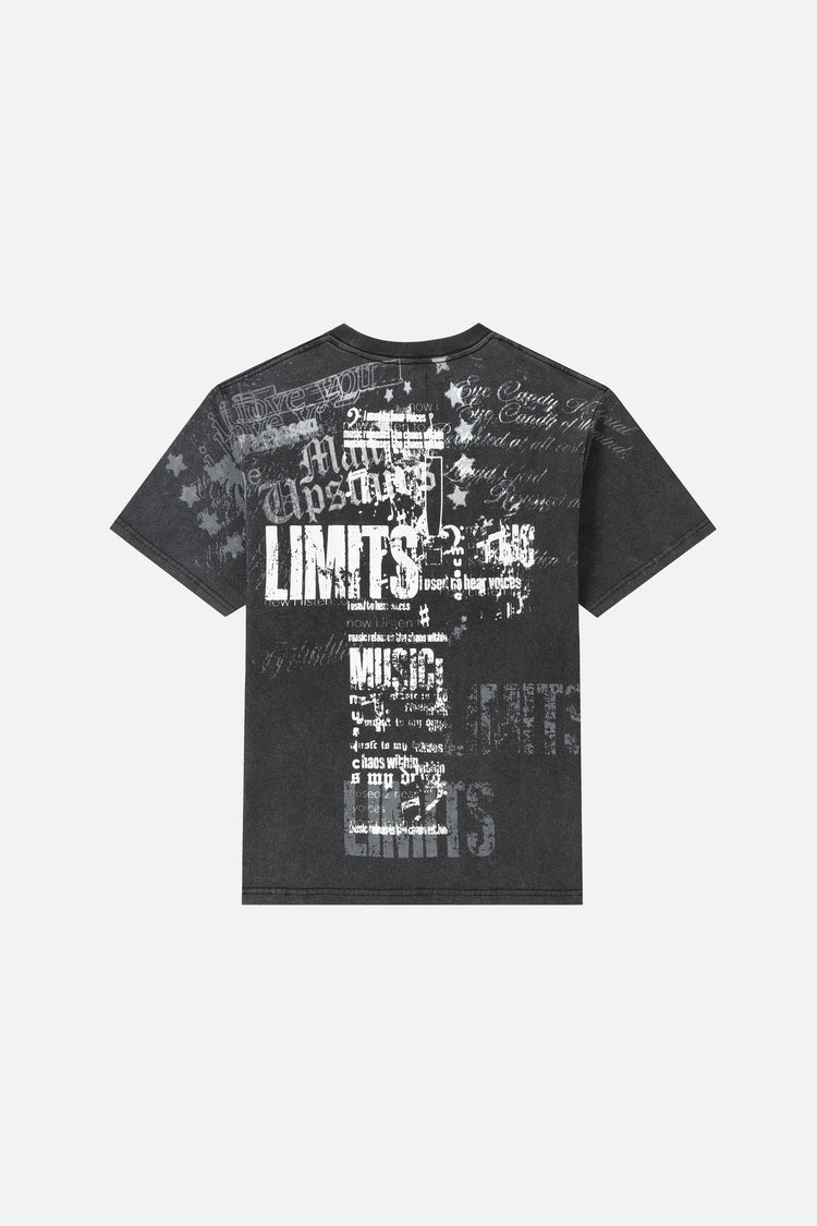 Back of the Everlasting Rhinestone Tee laid flat, showing the distressed Limits cross print