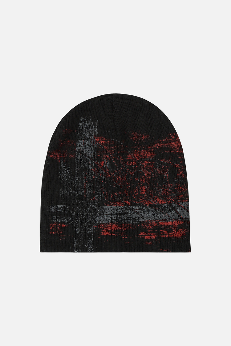 Front of the black Chaos Beanie with distressed red and grey cross knit pattern