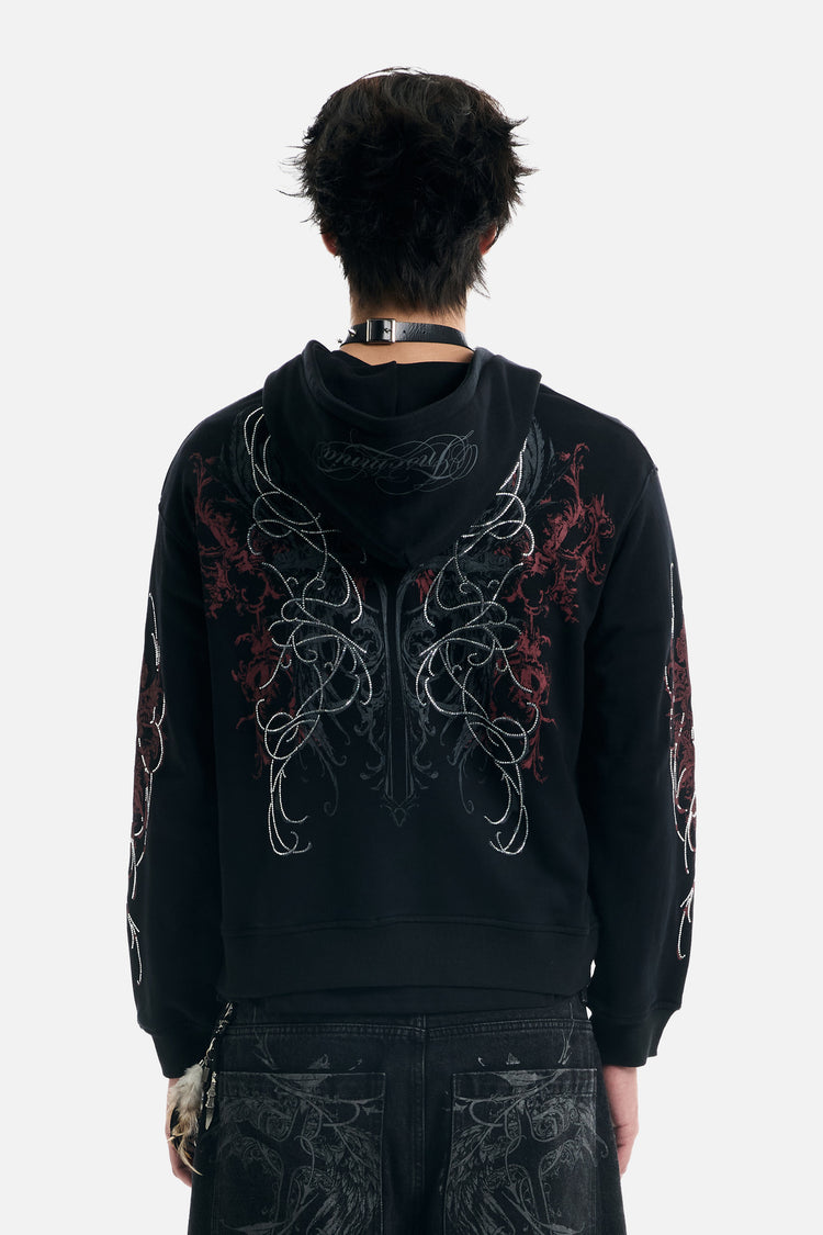 Back view of the Harmony Hoodie showing the red and silver winged back print
