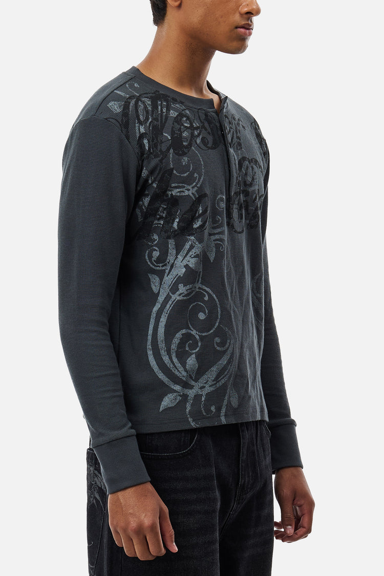 Side view of the Closer Henley Thermal showing the fitted waffle knit and scroll print