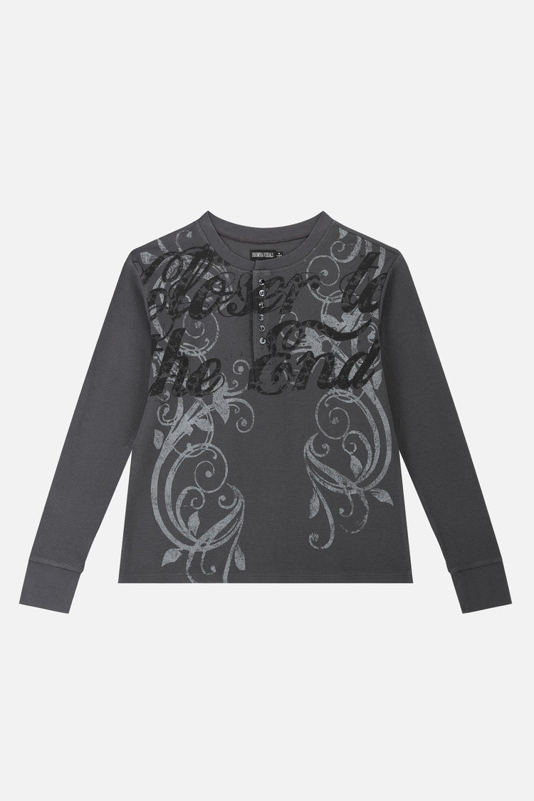 Front of the charcoal Closer Henley Thermal laid flat, with Closer to the End script and scrolls