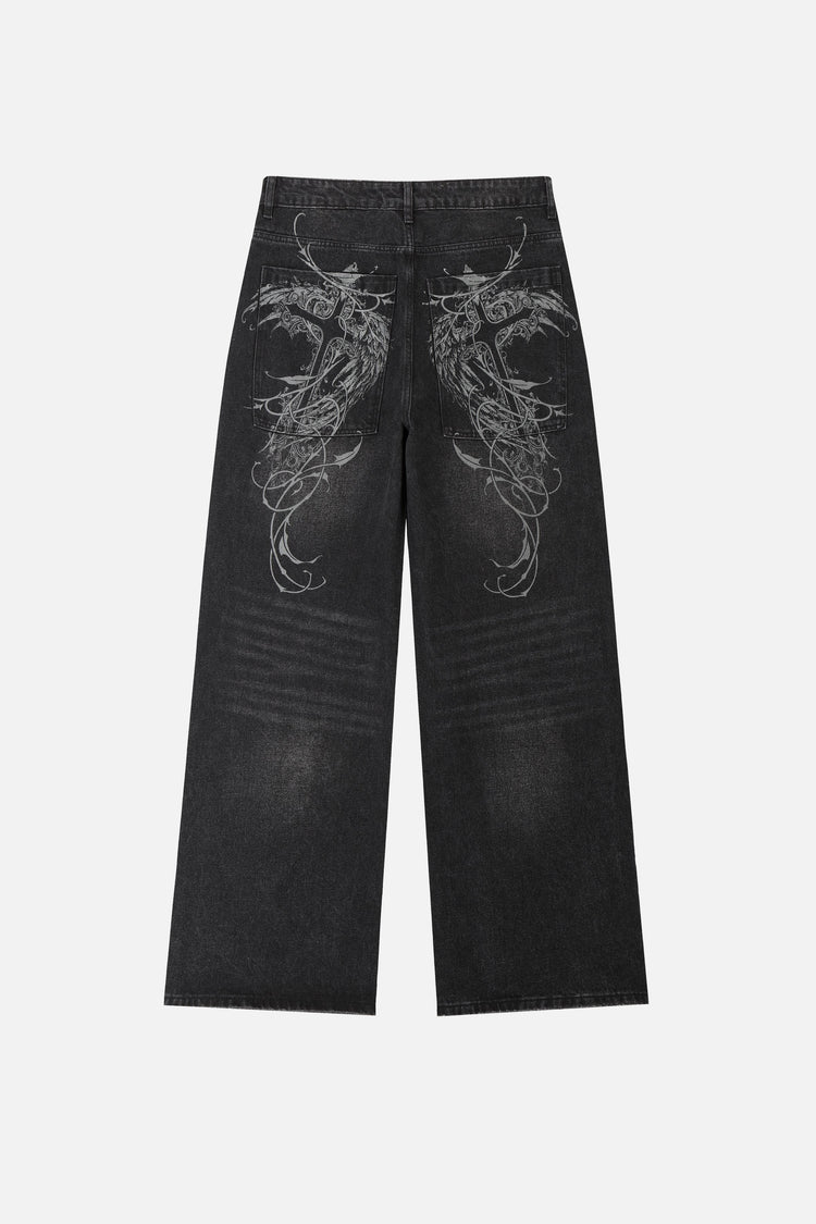 Back of the Harmony Jeans laid flat, with grey winged embroidery down both back pockets