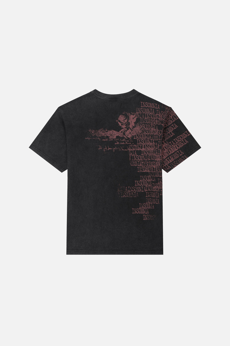Back of the Black Messages Tee laid flat, with red text print across the shoulder