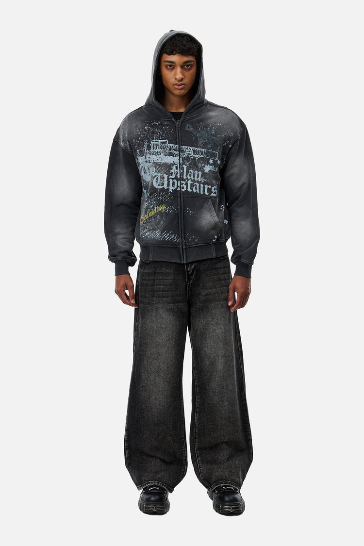 Model in the Upstairs Zip Hoodie and charcoal wide-leg jeans, full-length front view
