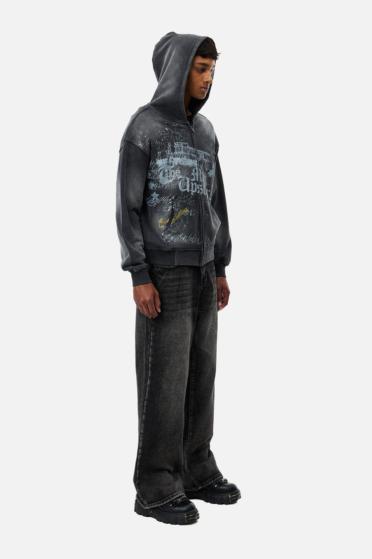 Side view of the Upstairs Zip Hoodie with hood up and charcoal wide-leg jeans, full length