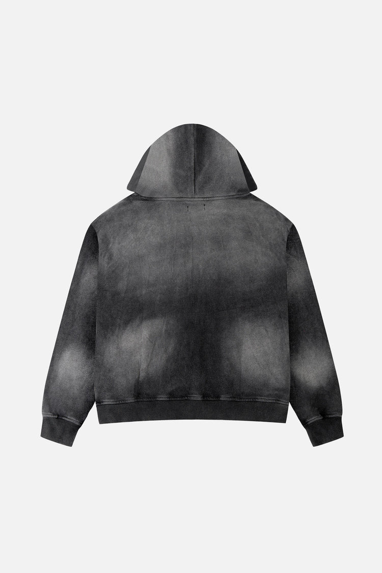 Back of the faded black Upstairs Zip Hoodie laid flat, plain sun-washed finish