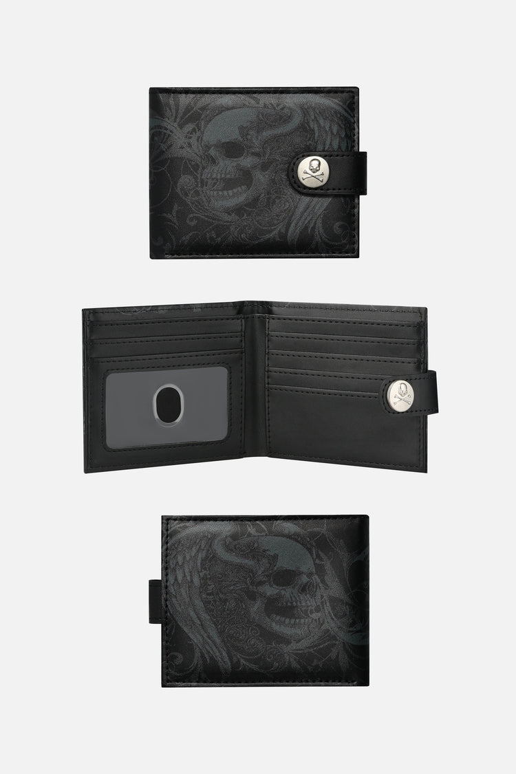 Double Skull Wallet shown closed front, open interior and back, black leather with skull emboss