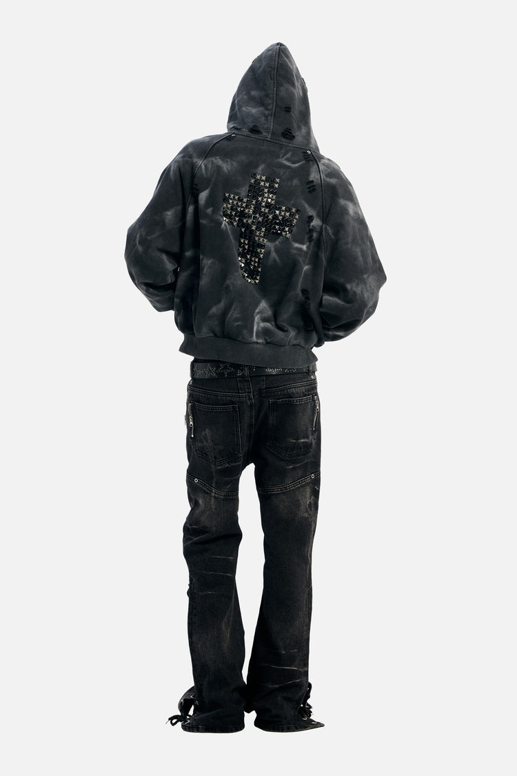 Full-length back view of the Studded Raglan Zip Up Hoodie showing the studded cross