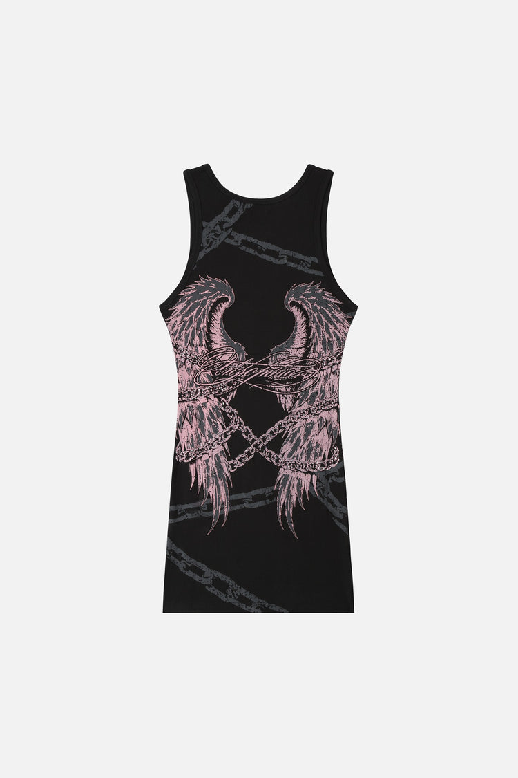Back of the black Rhinestone Chains Dress laid flat, with pink wings graphic