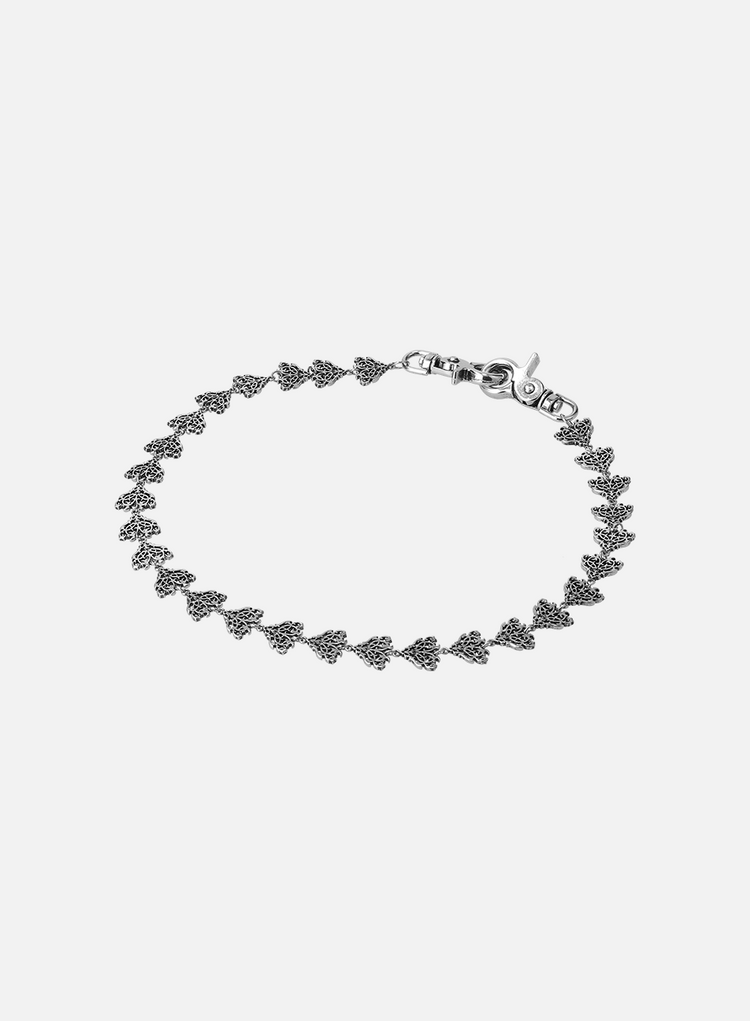 Heart Motif Pocket Chain on white, silver links shaped as small textured hearts